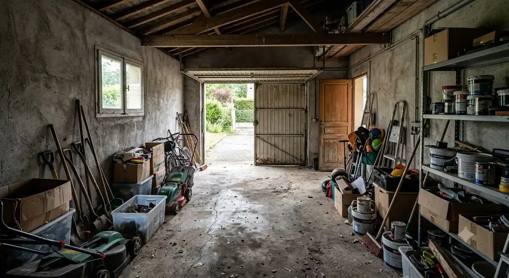Garage encombré en béton avant les travaux d'aménagement en salle de cinéma privée. transformer un garage en salle cinéma
