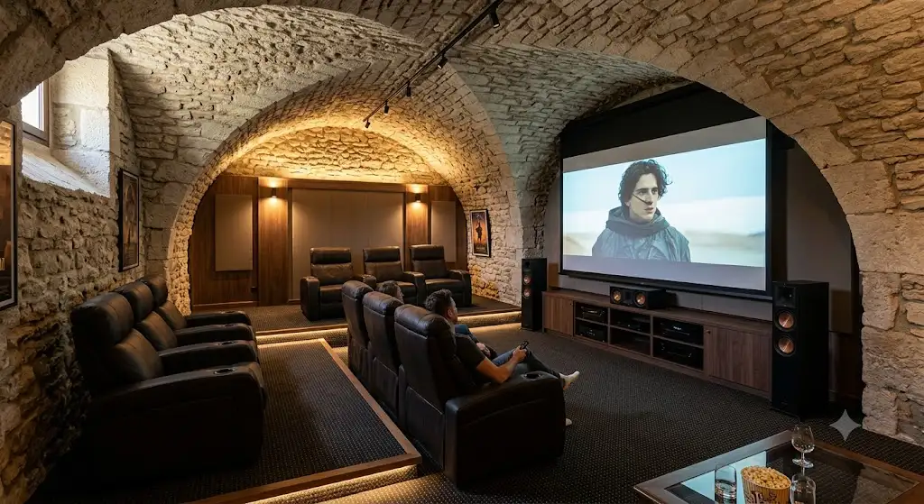 Aménagement sur mesure d'une salle de cinéma privée dans une cave voûtée en pierre avec grand écran de projection salle cinéma en cave