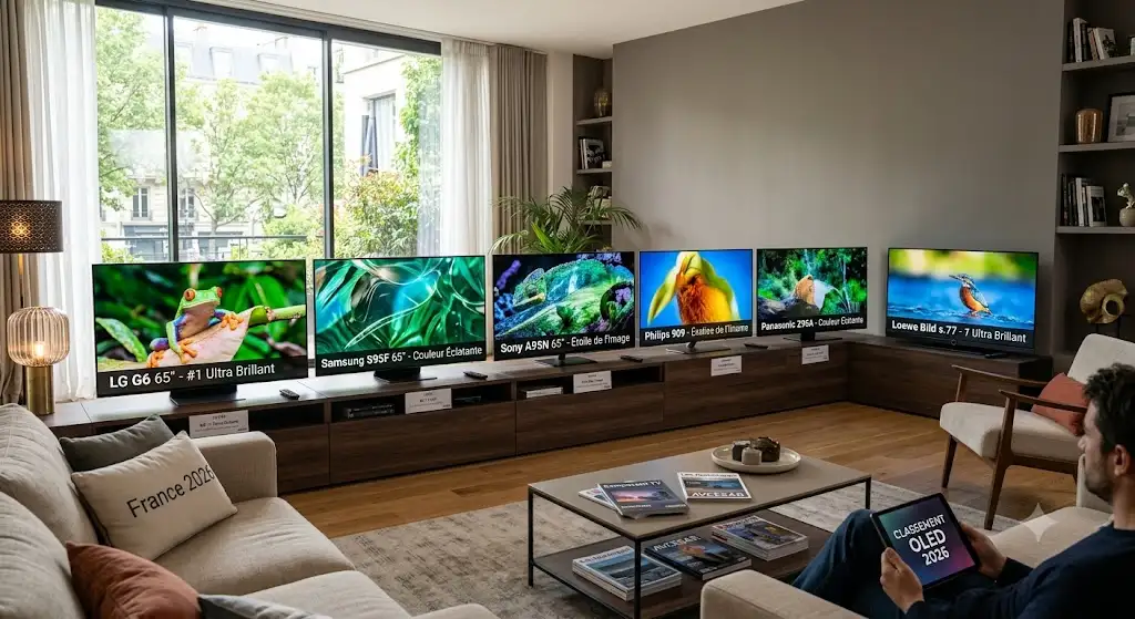 Comparatif des meilleurs téléviseurs OLED en France pour 2026 installés dans un salon contemporain meilleure tv oled france 2026
