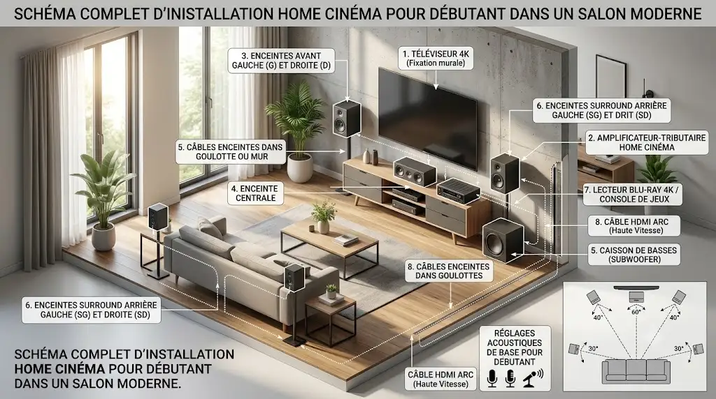 Schéma complet d'installation guide home cinéma débutant dans un salon moderne