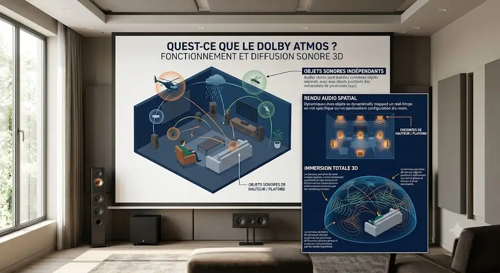 Schéma explicatif illustrant le fonctionnement de la technologie Dolby Atmos et la diffusion sonore en 3D qu'est-ce que le dolby atmos