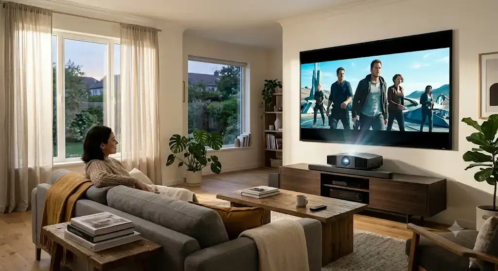Vidéoprojecteur laser 4K projetant un film haute définition dans un salon lumineux