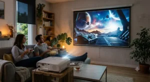 Vidéoprojecteur Epson en fonctionnement pour une séance home cinéma immersive 