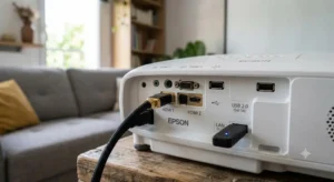 Détail de la connectique arrière avec ports HDMI et USB d'un vidéoprojecteur Epson 