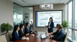 Utilisation d'un vidéoprojecteur Epson lors d'une présentation professionnelle en entreprise 