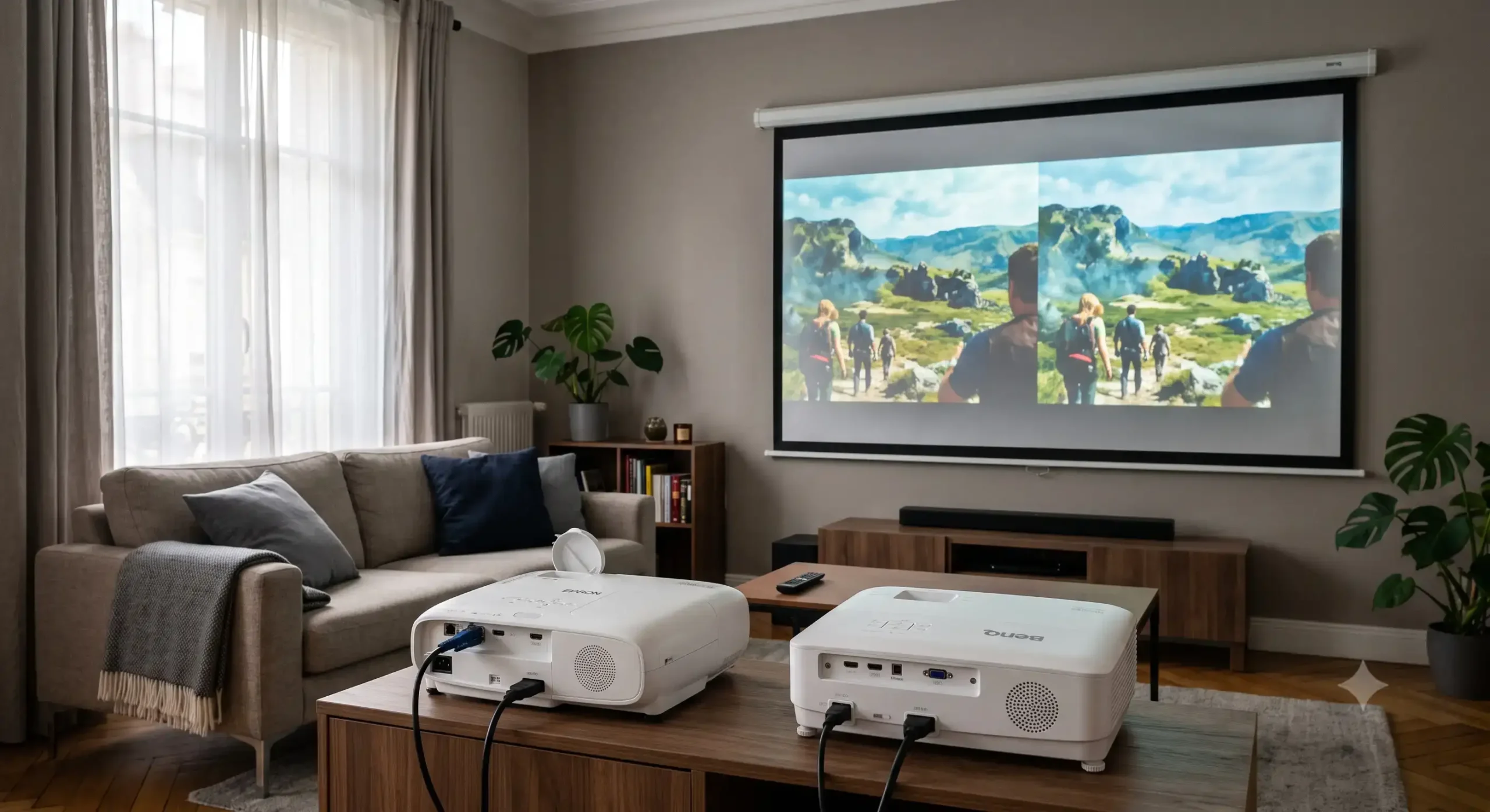 Comparatif visuel entre un vidéoprojecteur epson ou benq vidéoprojecteur BenQ installés dans un salon pour home cinéma.
