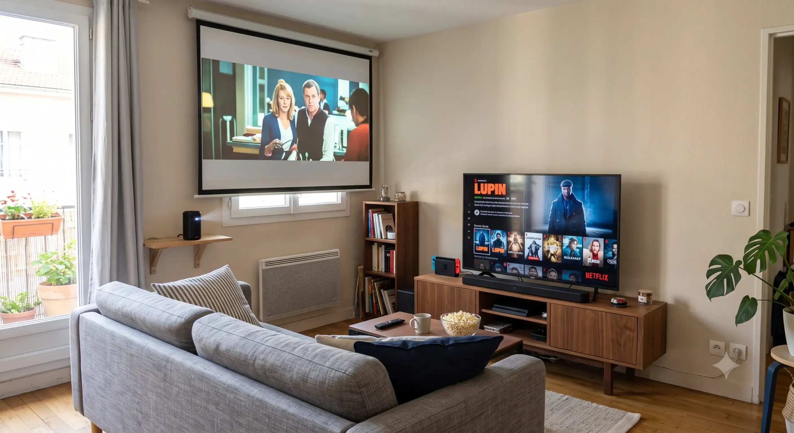 Installation home cinéma petit budget aménagée dans le salon d'un appartement français avec vidéoprojecteur compact et barre de son (meilleure installation home cinéma petit budget)