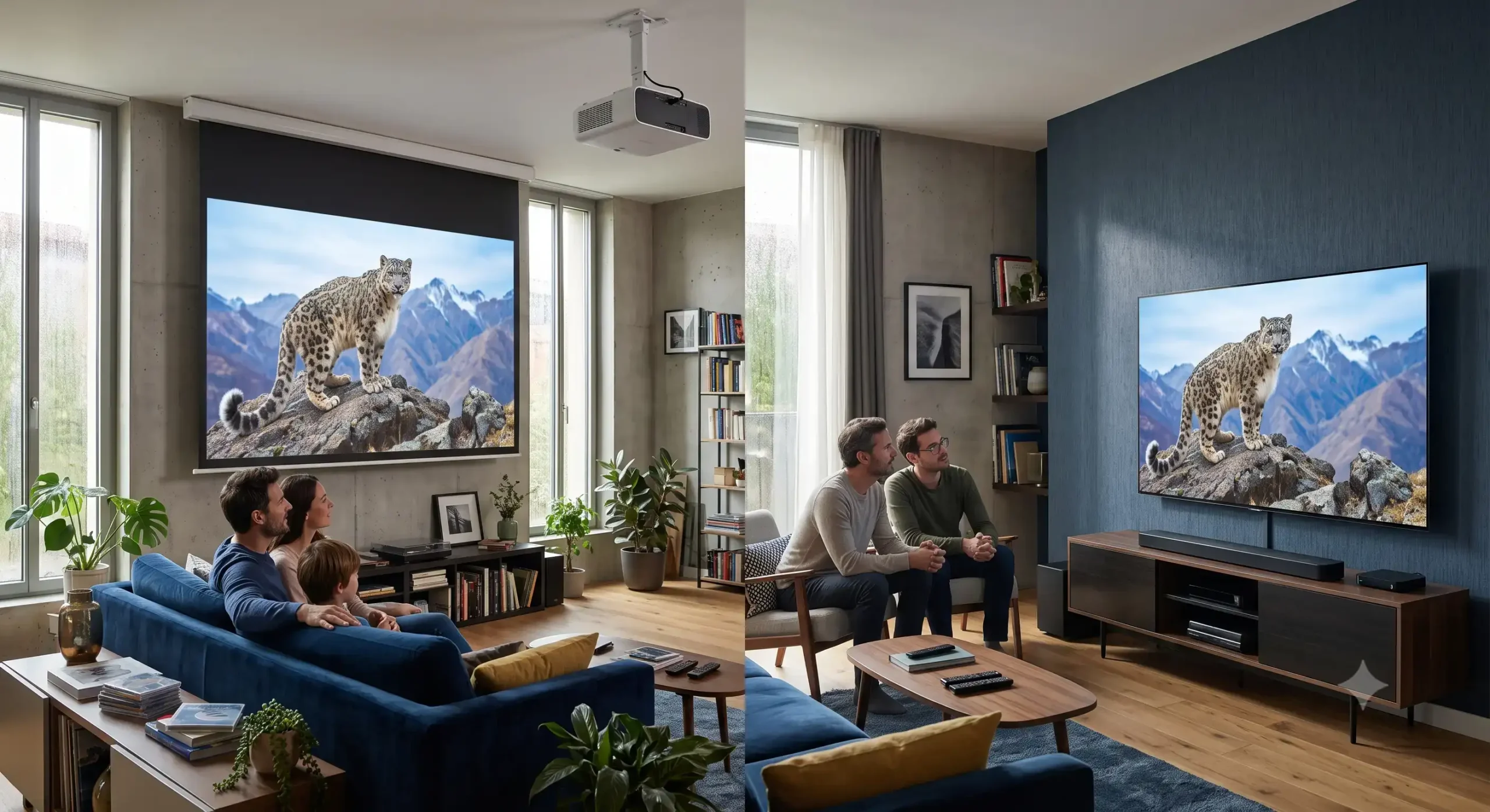 Comparatif visuel entre un vidéoprojecteur et une télévision pour une installation de home cinéma dans un salon moderne. vidéoprojecteur ou tv pour home cinéma