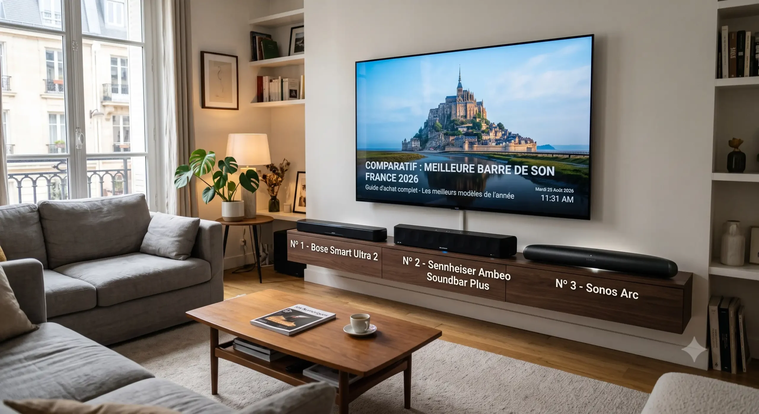 Comparatif de la meilleure barre de son france 2026installée sous un téléviseur dans un salon moderne.