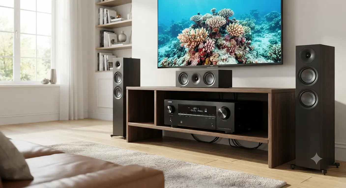 Amplificatore AV moderno collegato al sistema home theater in un soggiorno luminoso