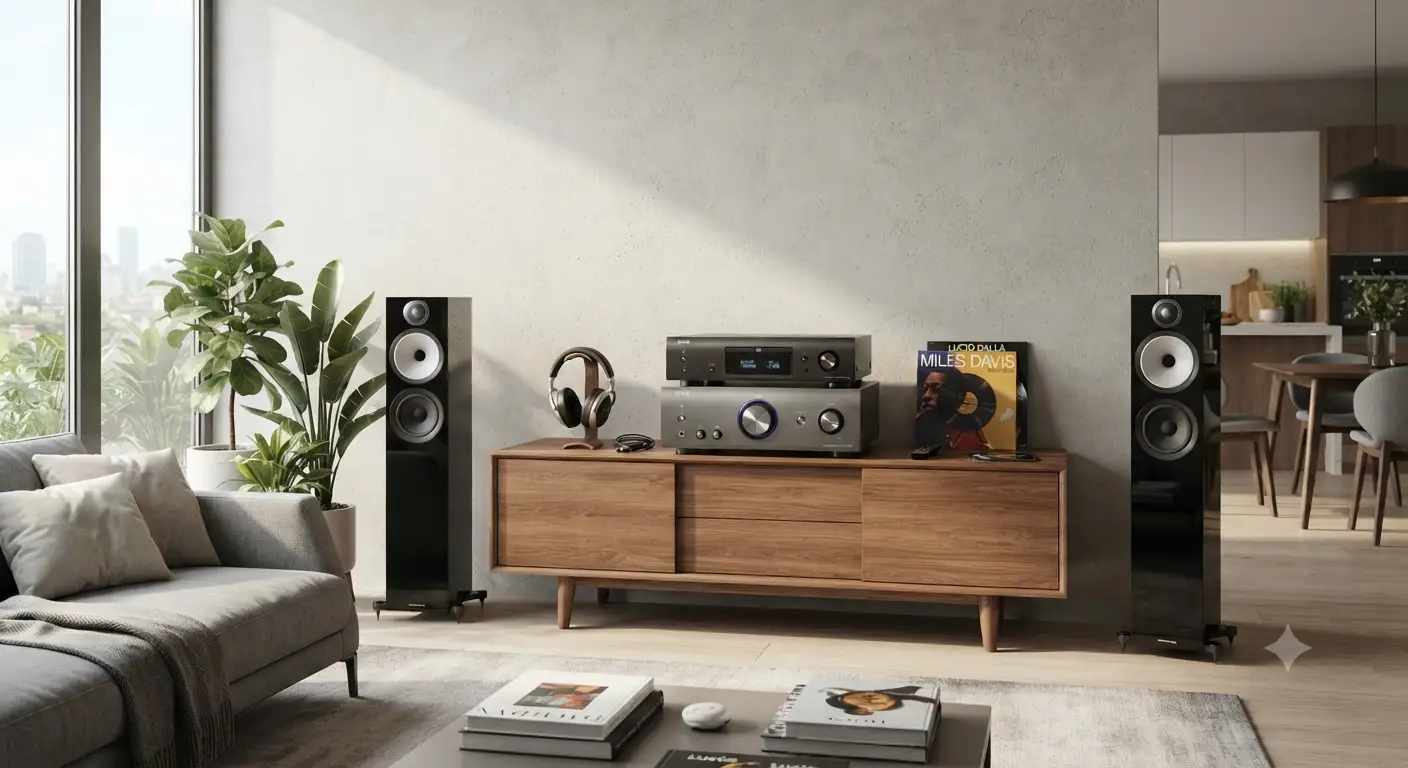 Amplificatore Denon integrato stereo posizionato su mobile hi-fi in un soggiorno moderno.