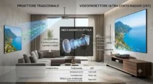 Schema grafico informativo che illustra come funziona un videoproiettore ultra corto raggio rispetto a un modello tradizionale