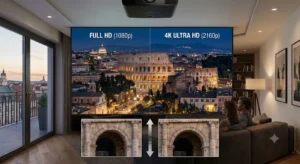 Illustrazione comparativa dei dettagli visivi tra la risoluzione Full HD e un videoproiettore 4K