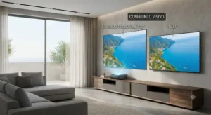 Confronto visivo tra un ampio schermo da proiezioni e una TV 85 pollici nel salotto di casa