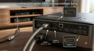 Panoramica illustrata dei dettagli delle porte di ingresso e uscite HDMI di un videoproiettore BenQ.