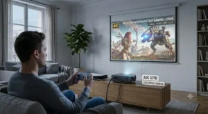 Session de jeu vidéo réactive avec faible input lag sur le meilleur vidéoprojecteur à moins de 1000 euros.