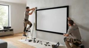 Fase di montaggio e installazione a parete di uno schermo a cornice fissa per videoproiettore