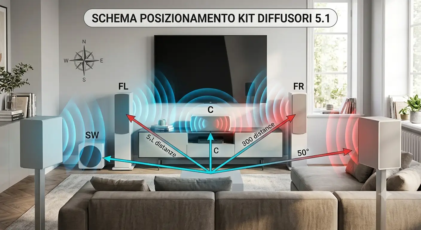 Kit diffusori 5.1 completo installato in un soggiorno moderno per home cinema