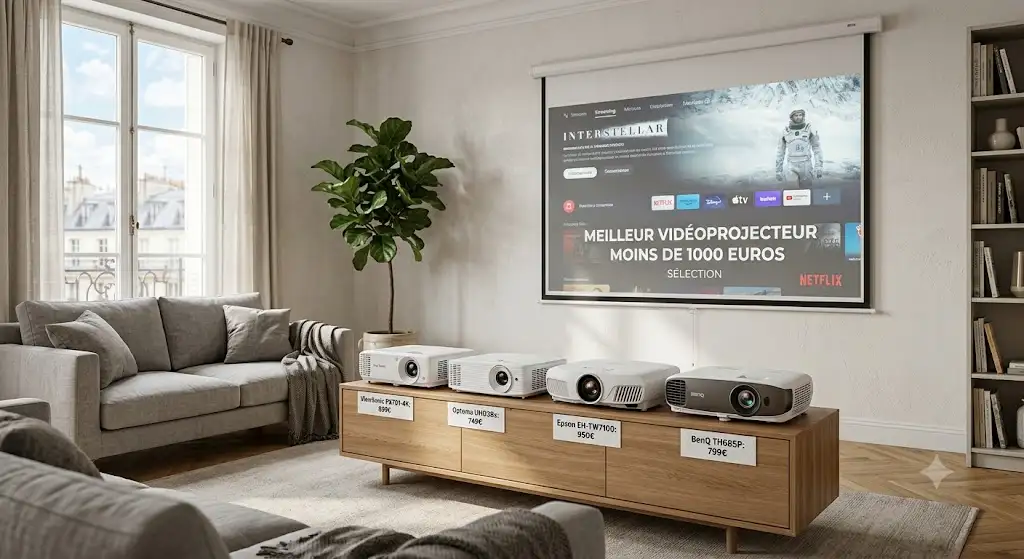 Sélection comparative des meilleurs vidéoprojecteurs à moins de 1000 euros installés dans un salon