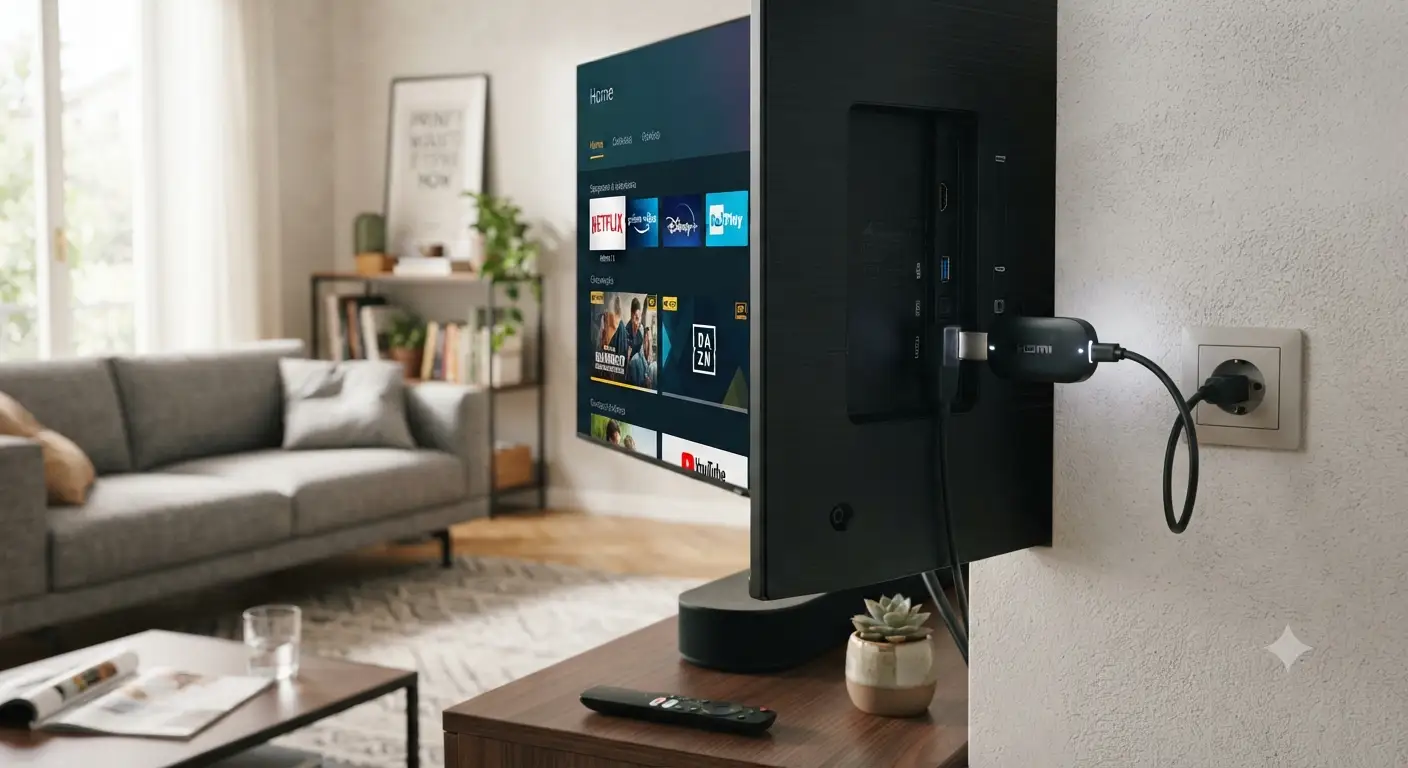 Un miglior dispositivo streaming collegato alla porta HDMI di una televisione moderna in salotto.