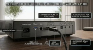 Panoramica delle porte HDMI e audio del miglior videoproiettore ultra corto raggio per l'home entertainment
