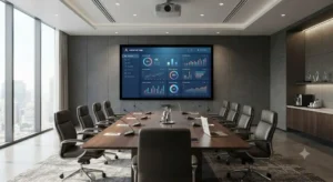 Panoramica di uno schermo a cornice fissa di grandi dimensioni in una sala riunioni aziendale 

