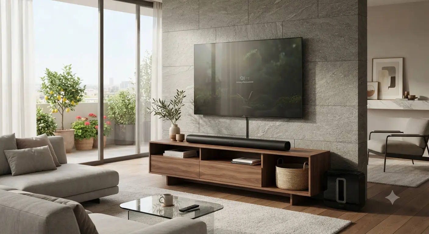 Soundbar Sonos posizionata sotto la TV in un elegante salotto moderno italiano
