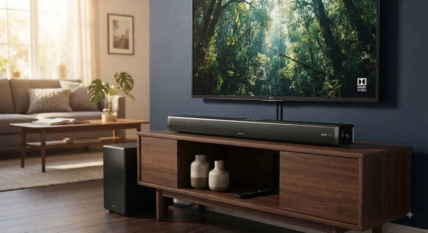Elegante soundbar posizionata su un mobile TV moderno, rappresentante un'ottima soluzione audio per chi cerca una soundbar sotto 300 euro per il proprio home theater.