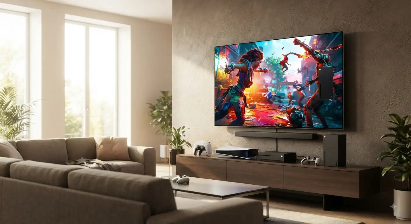 Moderno televisore per gaming posizionato nel soggiorno di casa con console di ultima generazione
