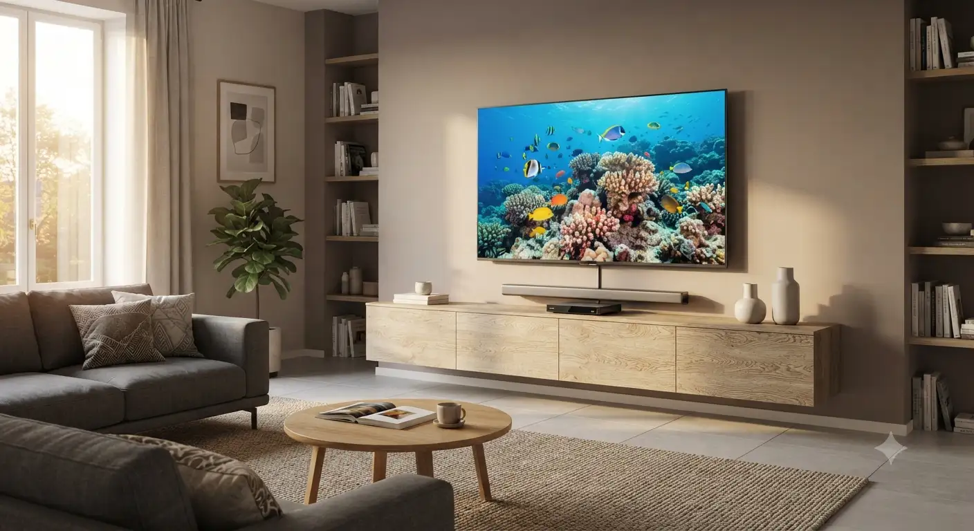 Televisione moderna 4K posizionata nel soggiorno di una casa, rappresentativa dei migliori modelli di TV sotto 1000 euro
