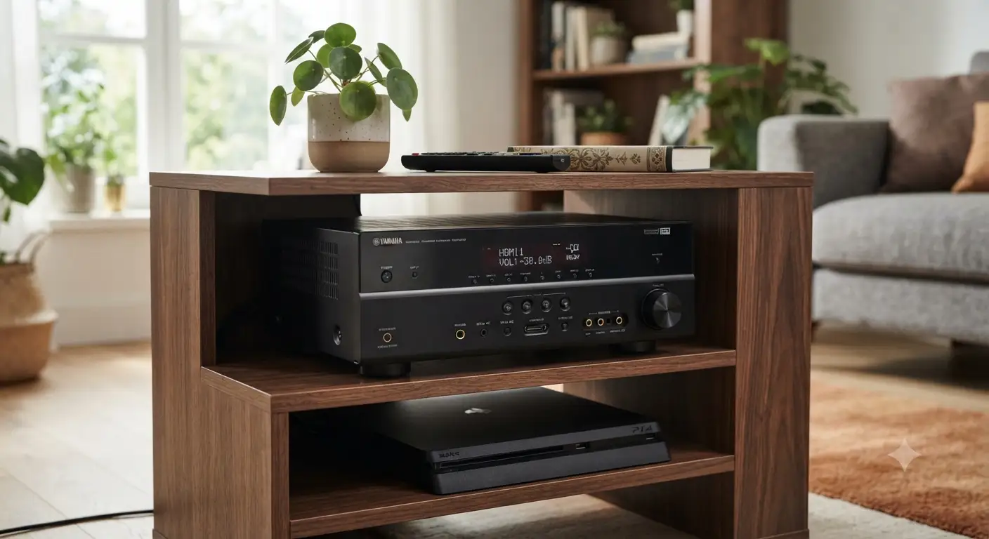 Amplificatore AV sotto 300 euro moderno posizionato su un mobile TV in legno con illuminazione naturale
