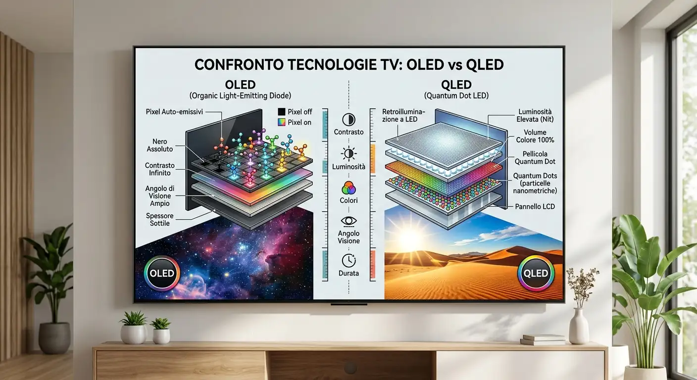 Schema di confronto tra la tecnologia dello schermo OLED e quella QLED