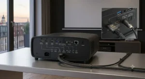 Schema delle porte HDMI e ingressi audio sulla parte posteriore di un videoproiettore 4K