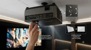 Guida illustrata alla regolazione del trapezio e della messa a fuoco manuale su un videoproiettore BenQ.