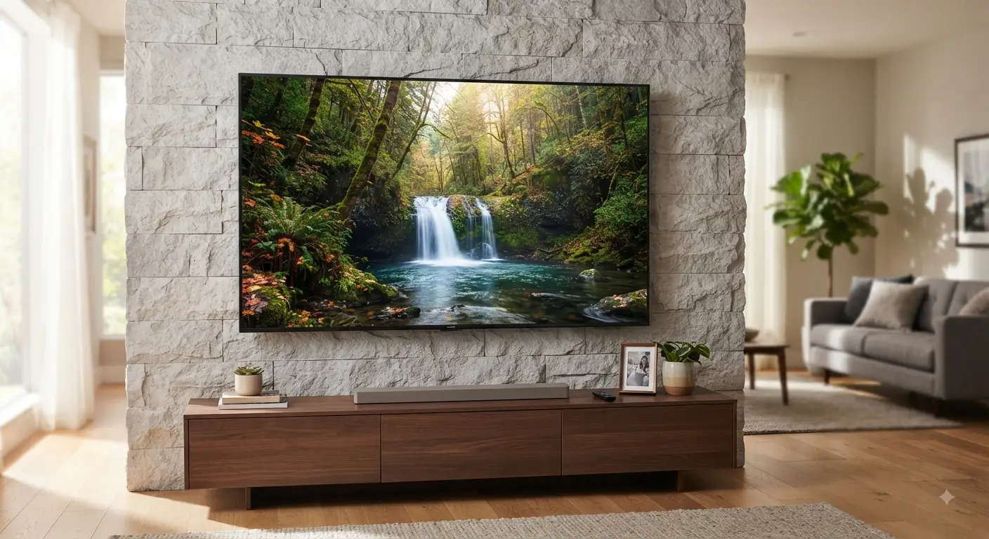 A modern Samsung QLED 4K TV mounted on a living room wall, displaying a vibrant nature scene with high contrast and sharp detail, illuminated by natural daylight.