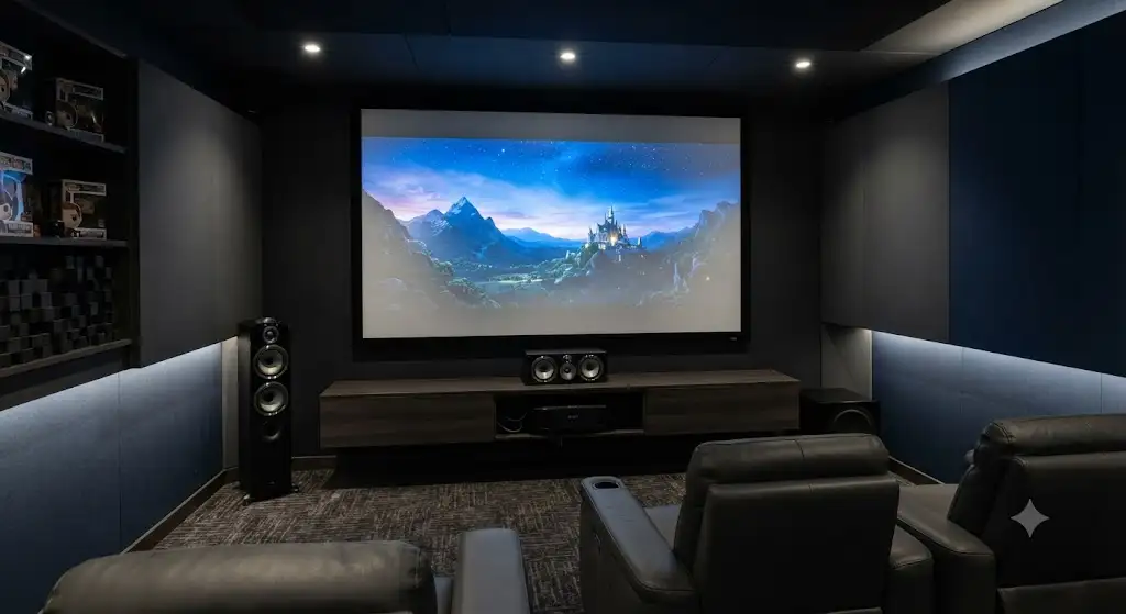 Schermo a cornice fissa installato in una sala home cinema dedicata con videoproiettore