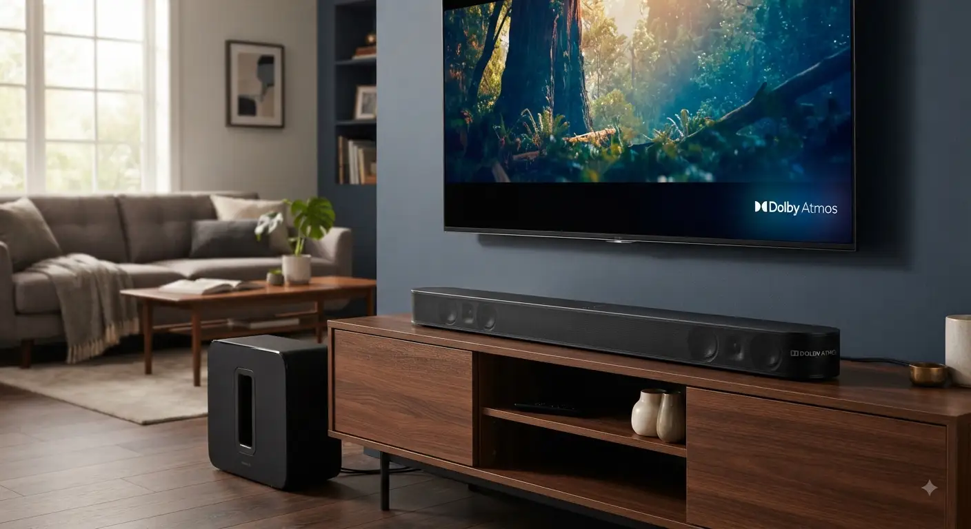 Elegante soundbar Dolby Atmos posizionata sotto una TV a schermo piatto in un soggiorno moderno, per un'esperienza audio immersiva