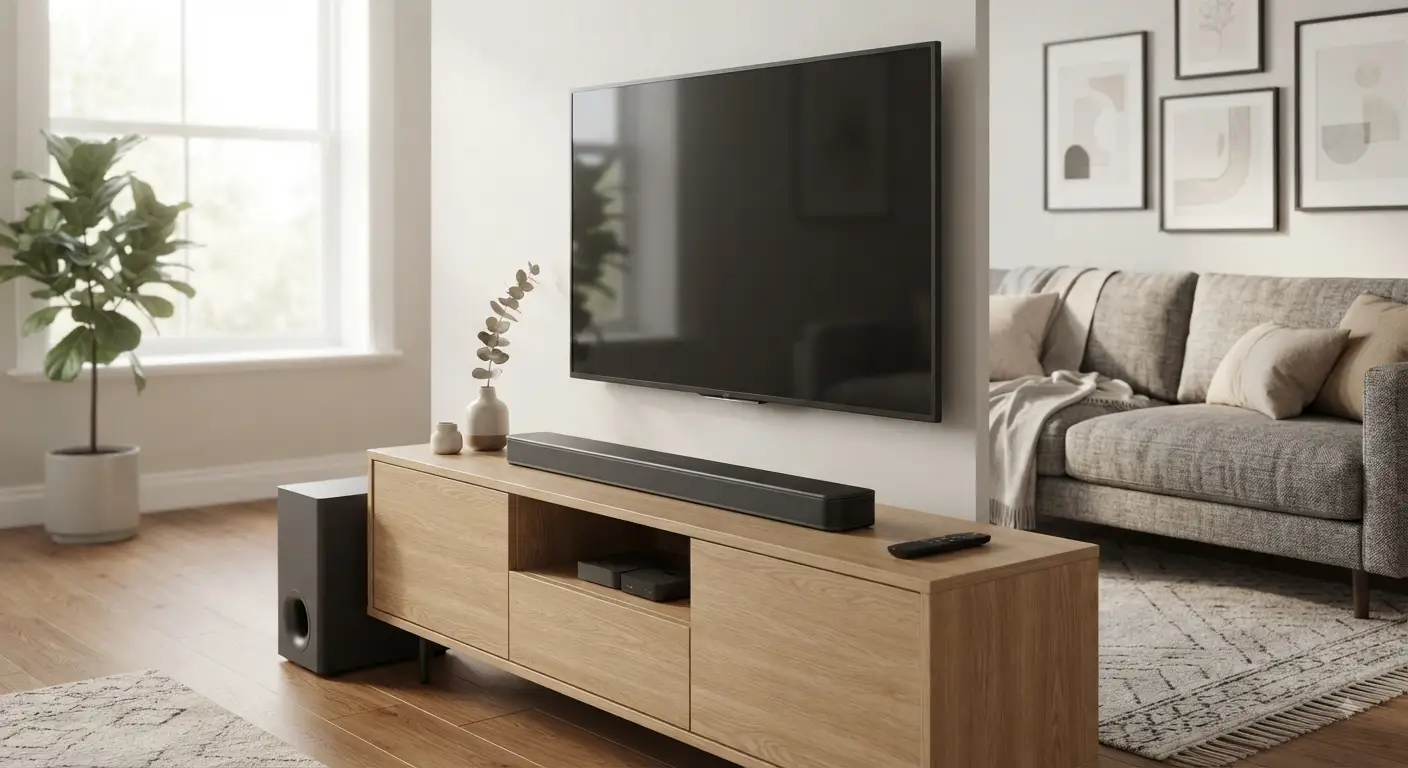 Una soundbar sottile ed elegante su un mobile TV in legno chiaro, con un subwoofer wireless posizionato a terra in un salotto moderno, per un audio di qualità a un prezzo accessibile.