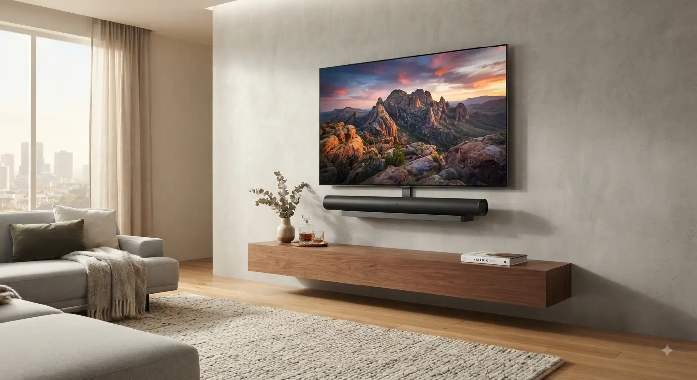 Soundbar premium dal design elegante posizionata sotto una TV in un soggiorno moderno e minimalista