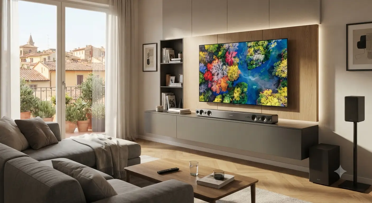 Soundbar Samsung installata nel soggiorno di casa per un'esperienza home cinema immersiva