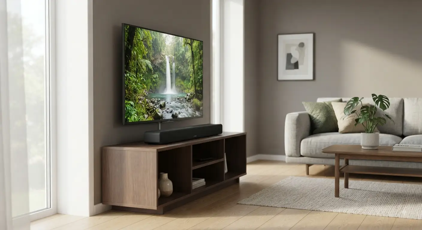 Soundbar compatta ed economica posizionata in un soggiorno moderno, perfetta per migliorare l'audio della TV con un budget inferiore ai 100 euro.