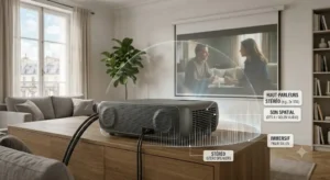 Haut-parleurs intégrés et performance audio d'un vidéoprojecteur de salon grand public.