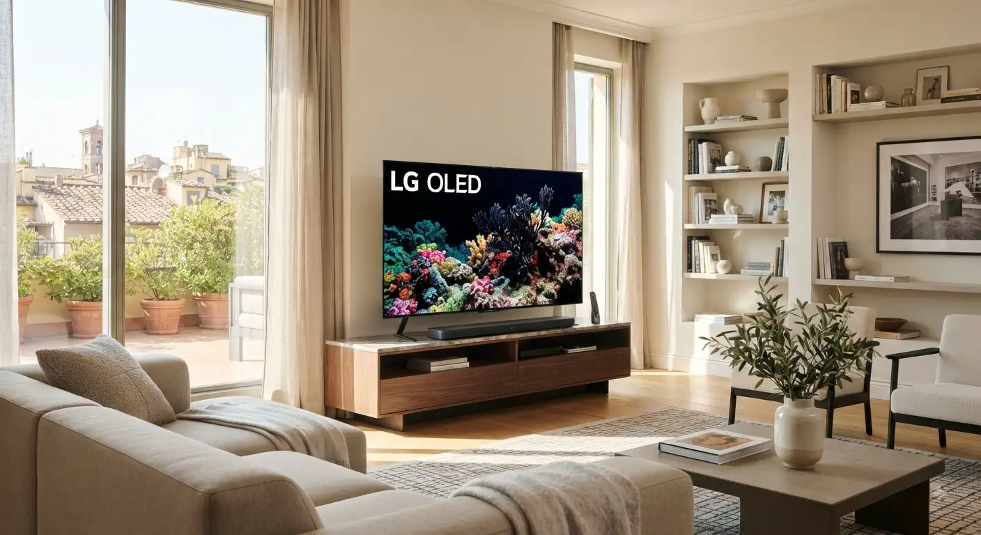 Moderno TV OLED LG posizionato nel soggiorno di una casa luminosa