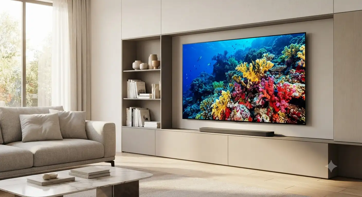 Moderno TV OLED poscolato nel soggiorno di una casa luminosa con immagini dai colori vividi
