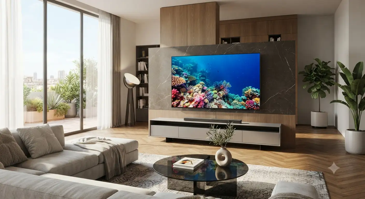 Elegantissimo televisore TV premium OLED posizionato in un salotto moderno e luminoso