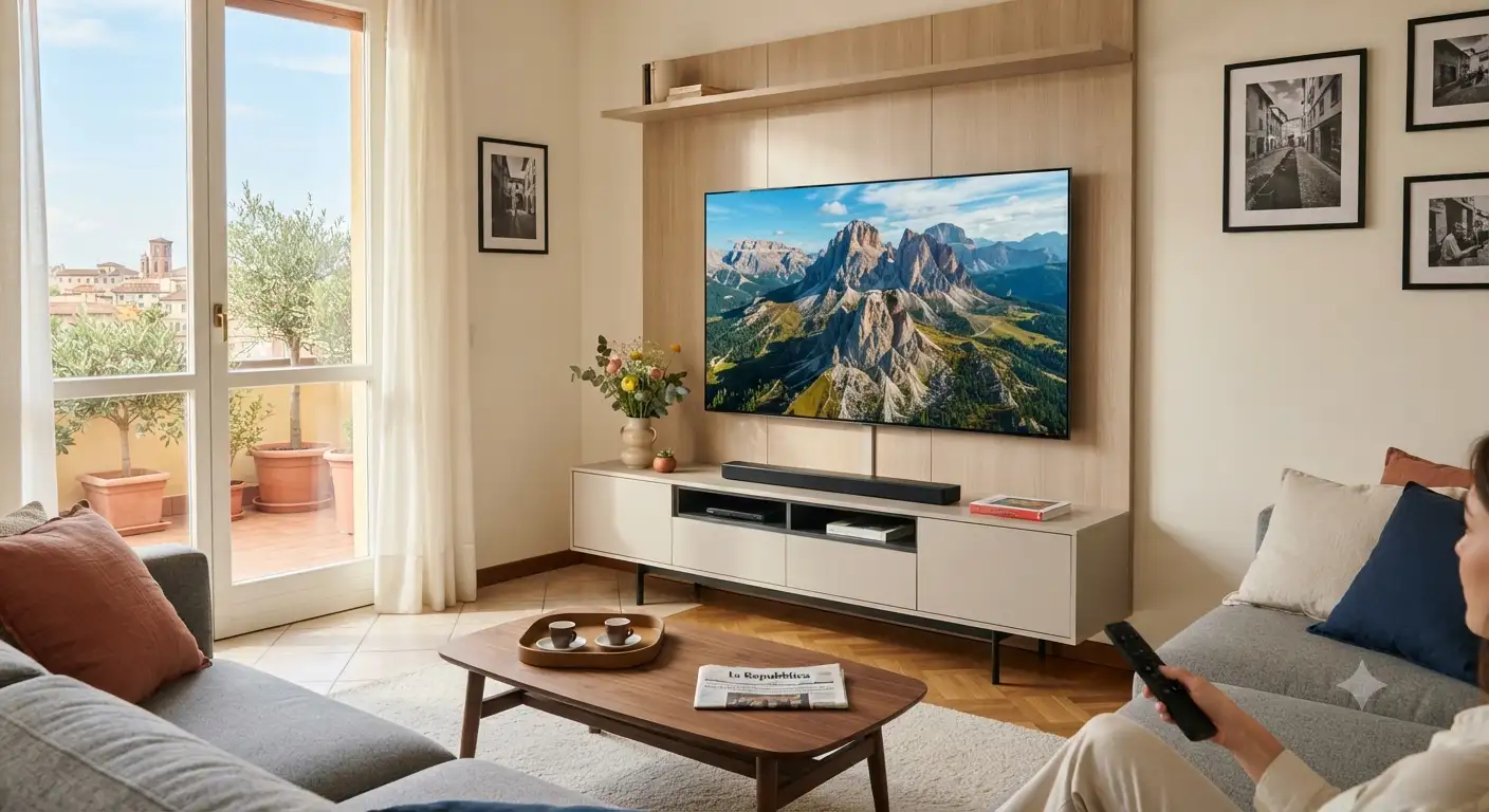 Moderno TV QLED posizionato nel soggiorno di una casa luminosa in Italia