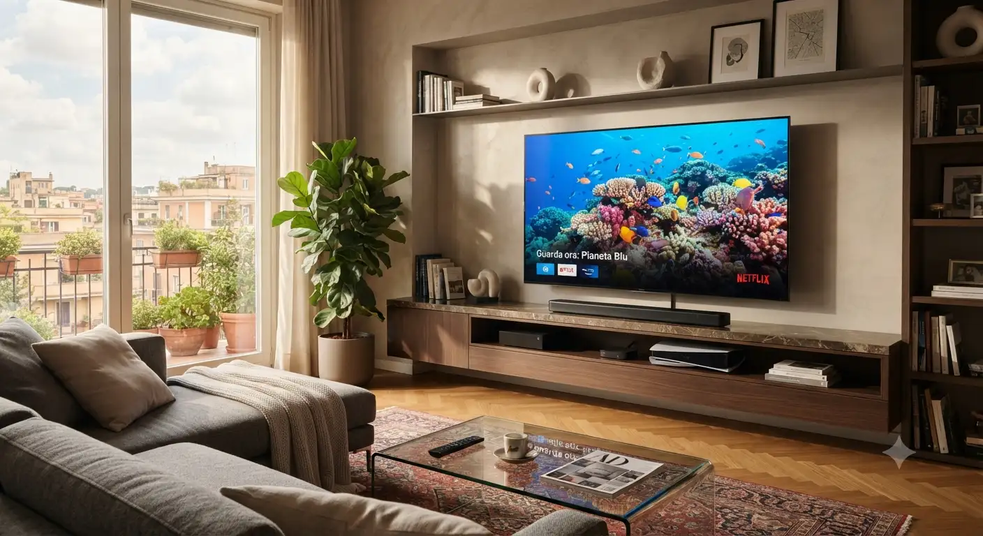 Una moderna smart TV 4K posizionata in un elegante salotto, tra le migliori opzioni di TV sotto 2000 euro disponibili sul mercato italiano.