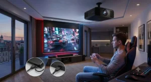 Videoproiettore 4K da gaming collegato a una console durante una sessione di gioco ad alta velocità