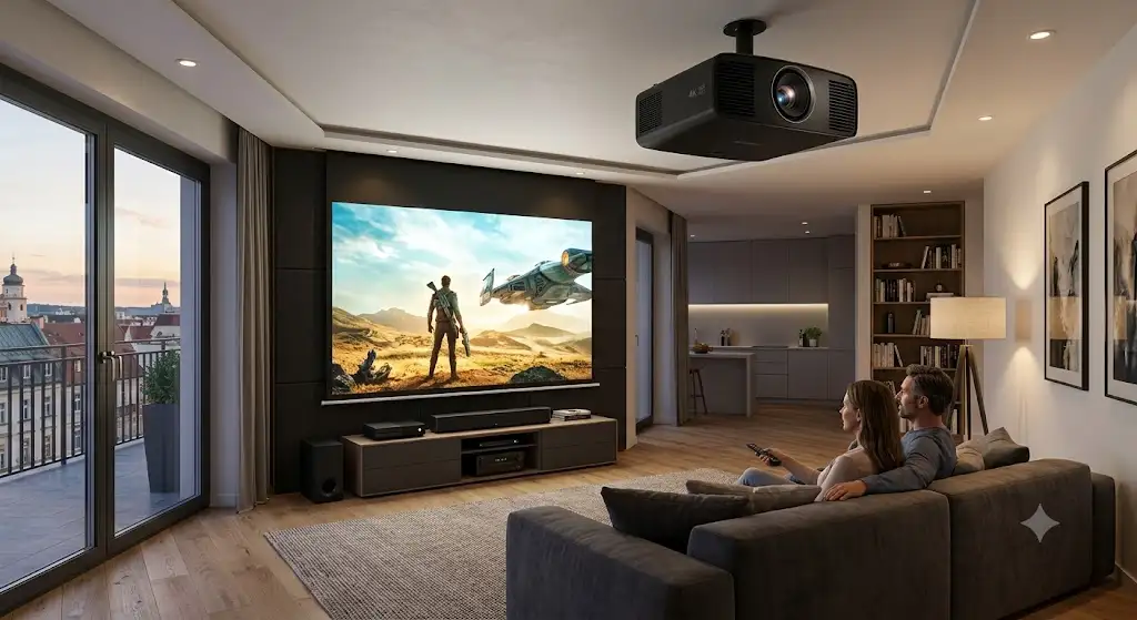 Videoproiettore 4K per home cinema installato in un soggiorno moderno proiettando un film su grande schermo