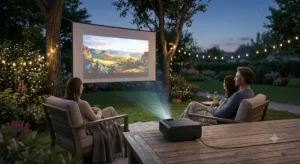 Videoproiettore 4K portatile compatto utilizzato per il cinema all'aperto in giardino di sera